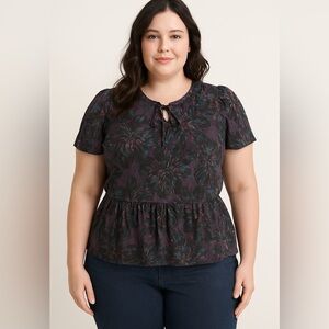 Lane Bryant Purple Floral Peplum Blouse Size 14 NWT Tie Neck Short Sleeve